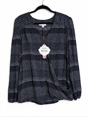 Knox Rose NWT Faux Wrap Blouse Large Black Ivory Print Long Sleeve Target